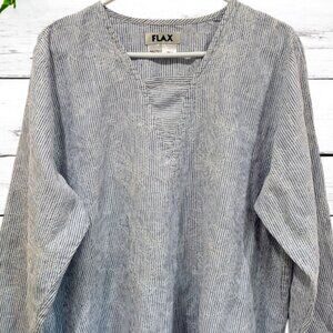 Flax Blue & White Striped Embroidered Floral Lined Top Size L